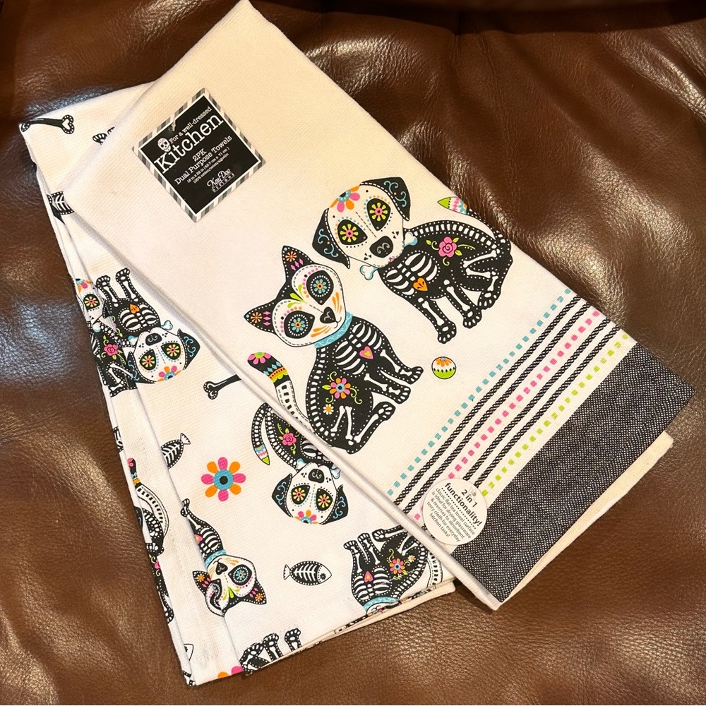 Kay Dee Designs Sugar Skull Dog Cat Fish Bone Set of 2 Towels BRAND NEW!!